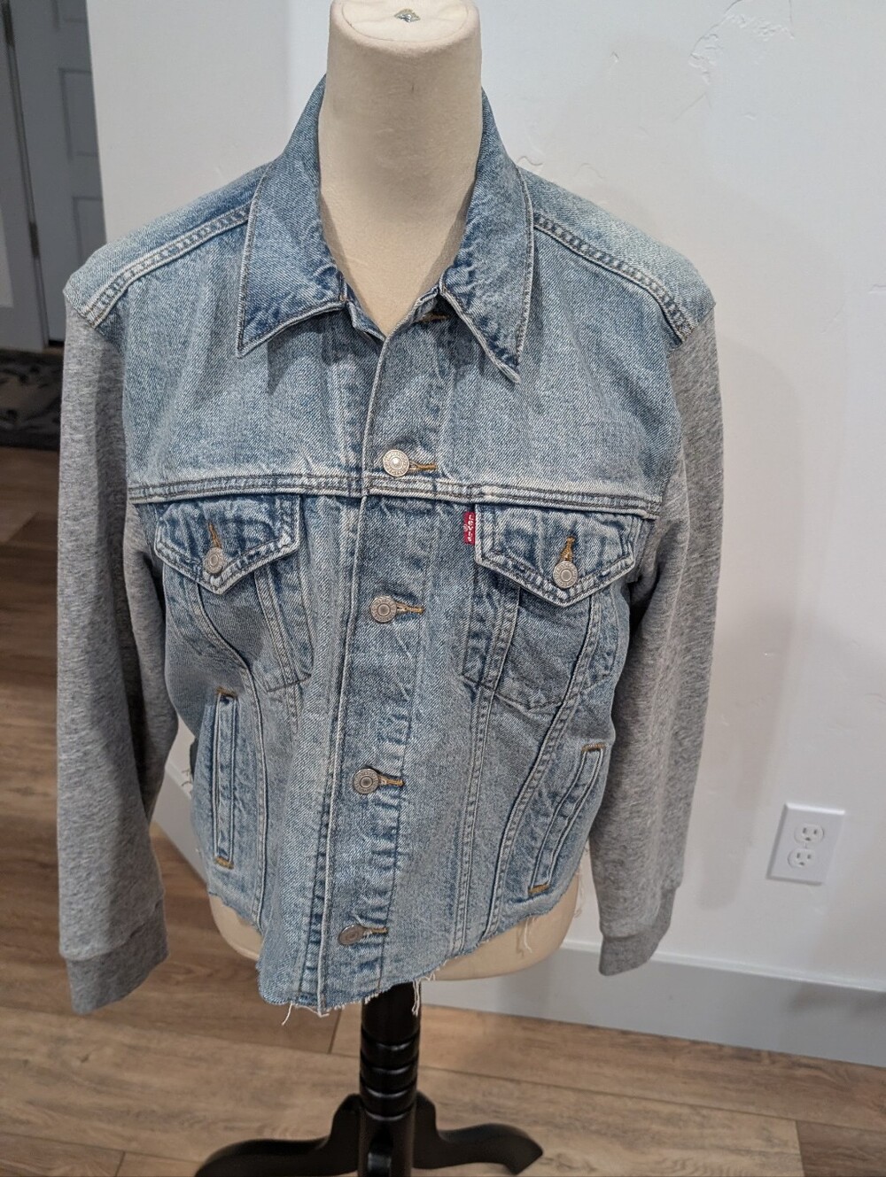 Levi's Light Blue Denim Jacket with Gray Sleeve Hoodie Style